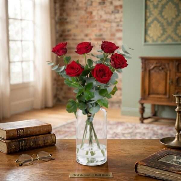 Boeket Rode Rozen met Eucalyptus