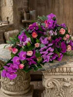 Rouwarrangement Druppel Orchidee roze-paars