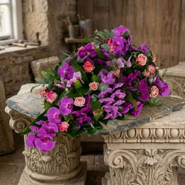 Rouwarrangement Druppel Orchidee roze-paars